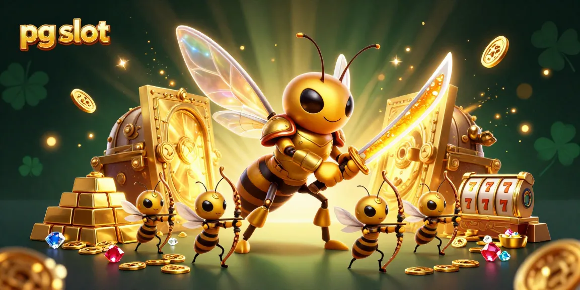 Engage with pg slot in this colorful illustration showcasing a giant hornet samurai and treasures.