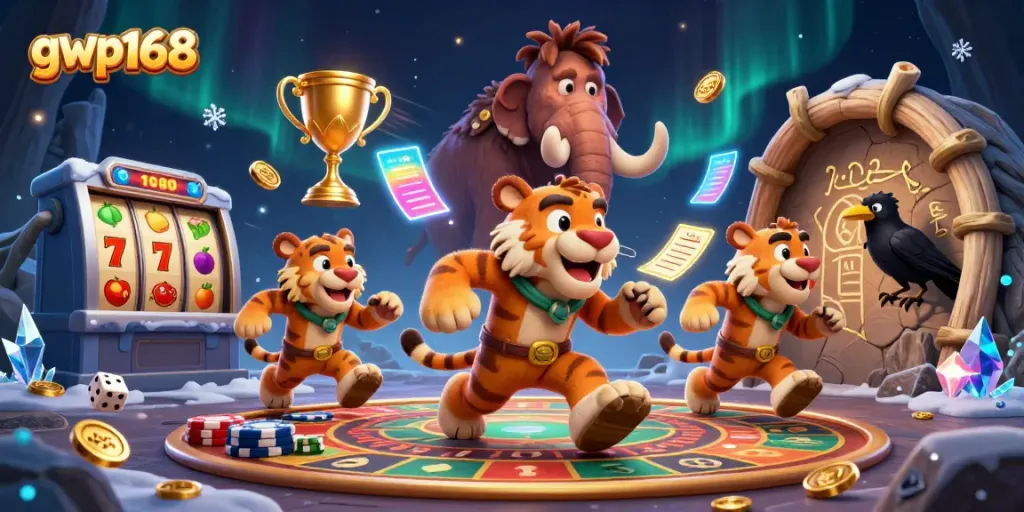 Permainan kasino daring gwp168 dengan duo karakter prasejarah dan simbol slot yang menggoda.