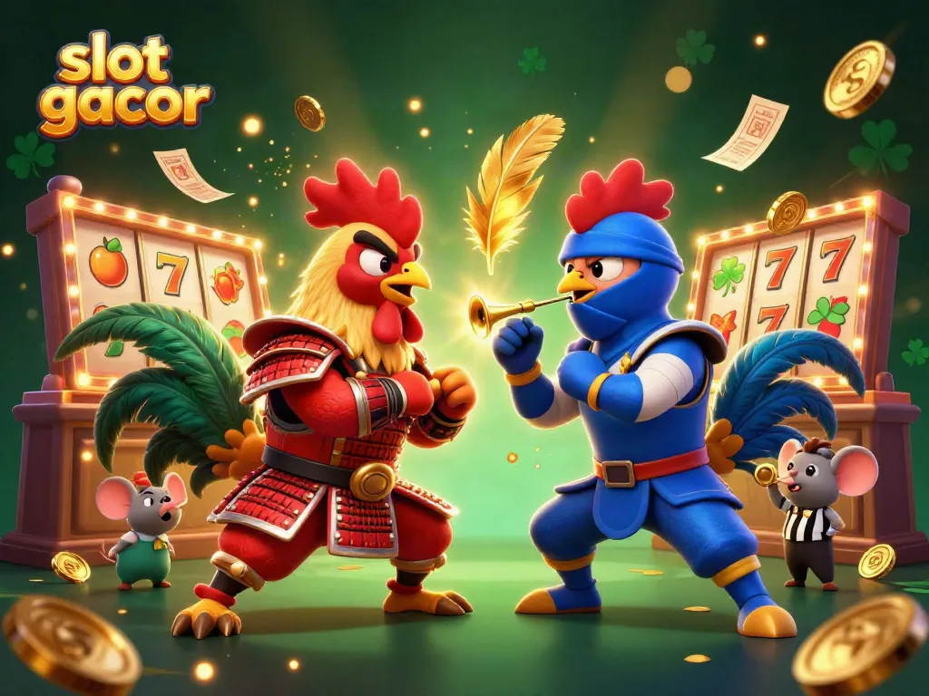 Engage with slot gacor excitement as roosters battle in a vibrant casino scene