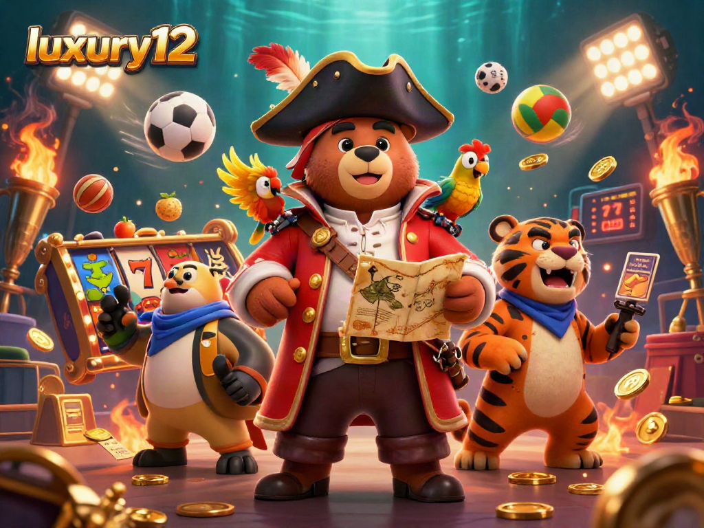 Gambar ilustrasi kasino luxury12 dengan karakter beruang dan harimau, simbol slot, dan bola olahraga.