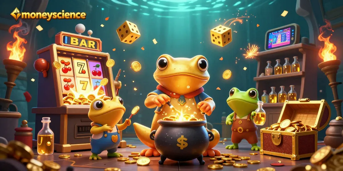 Gambarkan moneyscience dengan alkemis salamander emas dan mesin slot 3D, menciptakan pengalaman kasino.