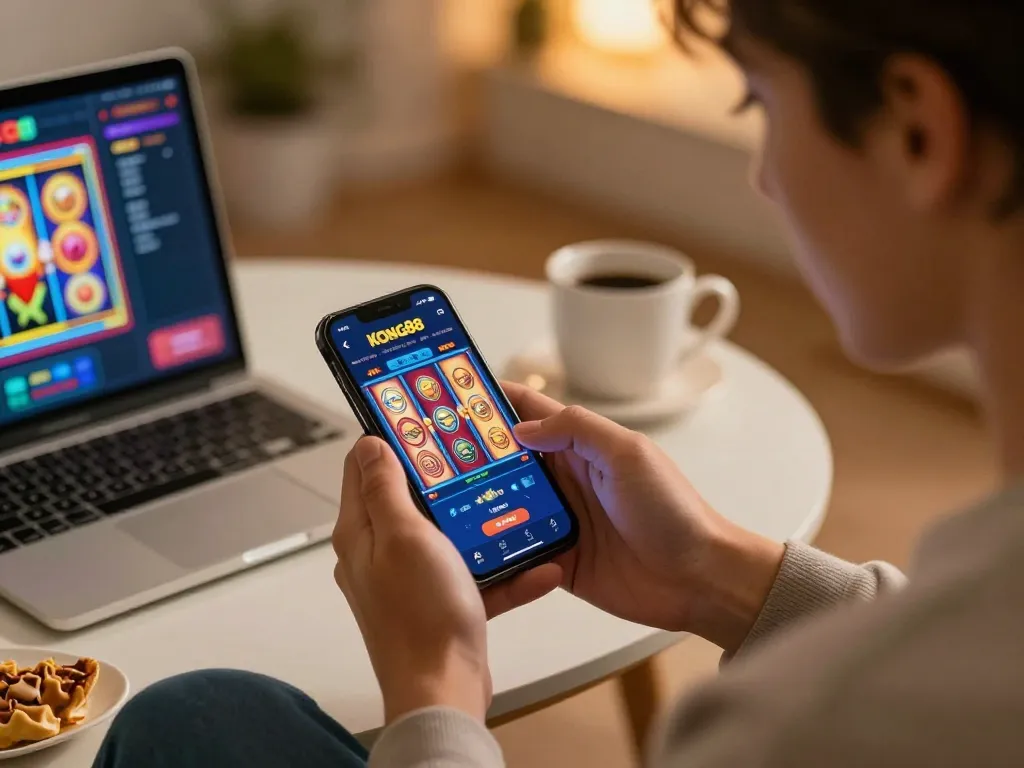 KONG88 player engaging with online casino app on smartphone, showcasing digital slot machine gameplay.