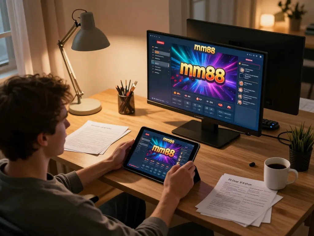 Engaging with the mm88 casino app in a cozy home office setting, showcasing tablet gameplay.