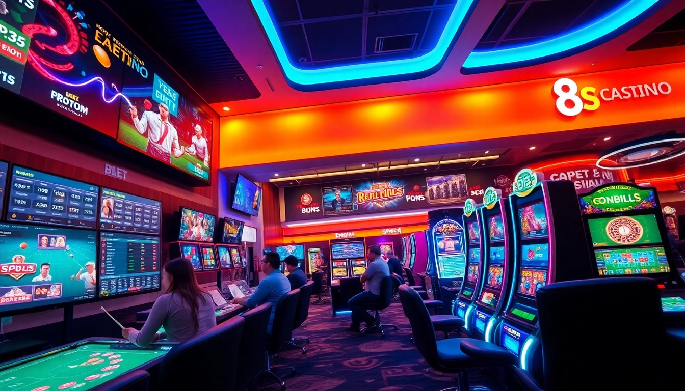 Experience the thrilling online betting atmosphere at 8S with engaging casino games and vibrant sports betting displays.