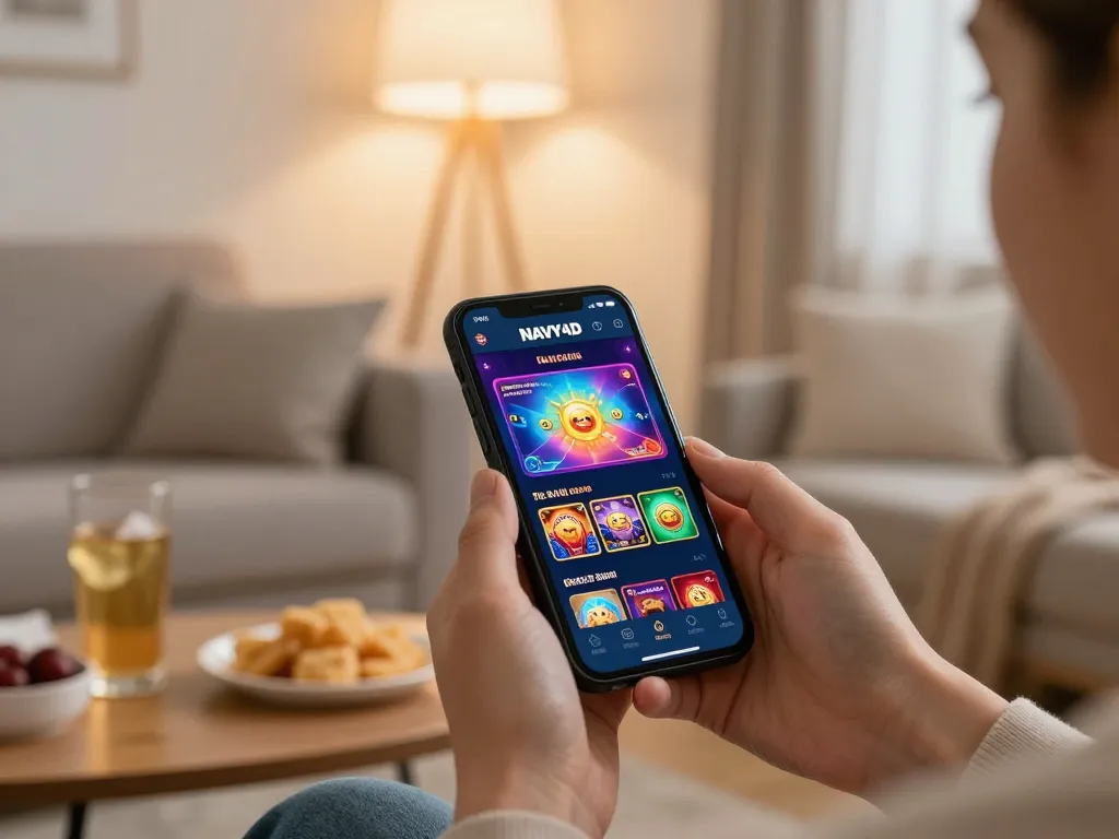 Aplikasi NAVY4D di smartphone menunjukkan antarmuka permainan kasino yang hidup selama sesi permainan di rumah yang nyaman