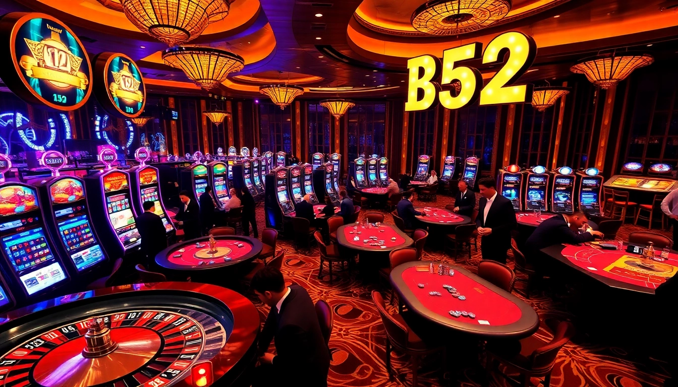 B52 casino players enjoying games at roulette and poker tables in an elegant setting.