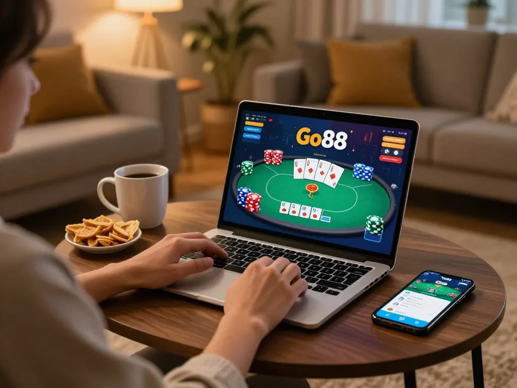 Engaging gameplay while play go88 in a cozy home gaming setup with laptop and snacks.