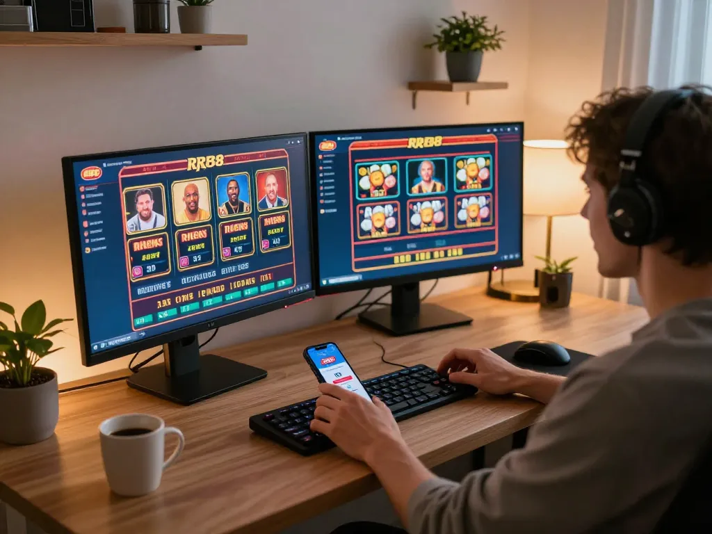 Engage with RR88 casino games on a stylish home setup, showcasing exciting gameplay.