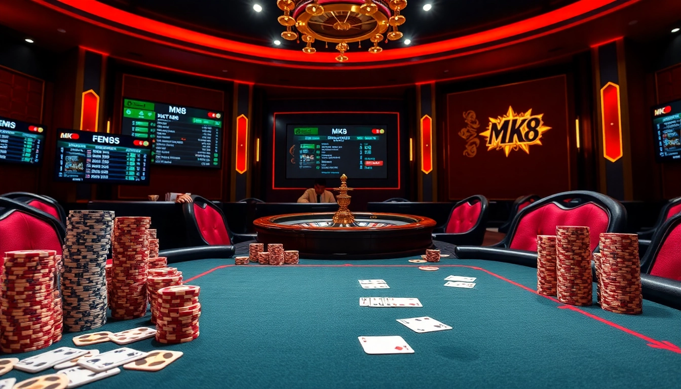 Experience MK8 online betting with a thrilling poker table showcasing vibrant chips and cards.