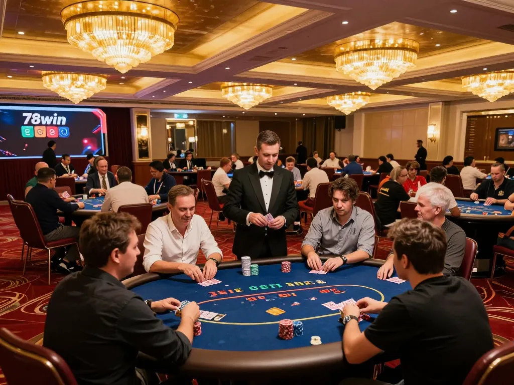 Players engaging in poker gameplay at 78win casino, capturing the thrill of winning strategies and vibrant atmosphere.