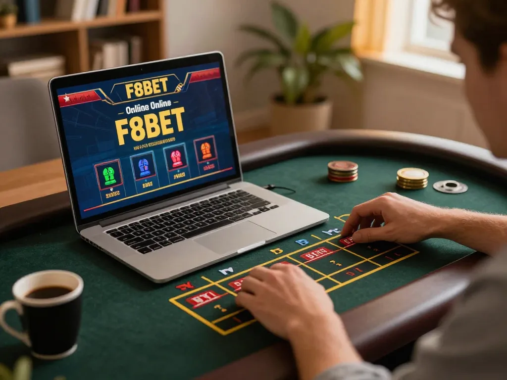 F8BET player placing bets on an online roulette game at home, showcasing responsible gambling.