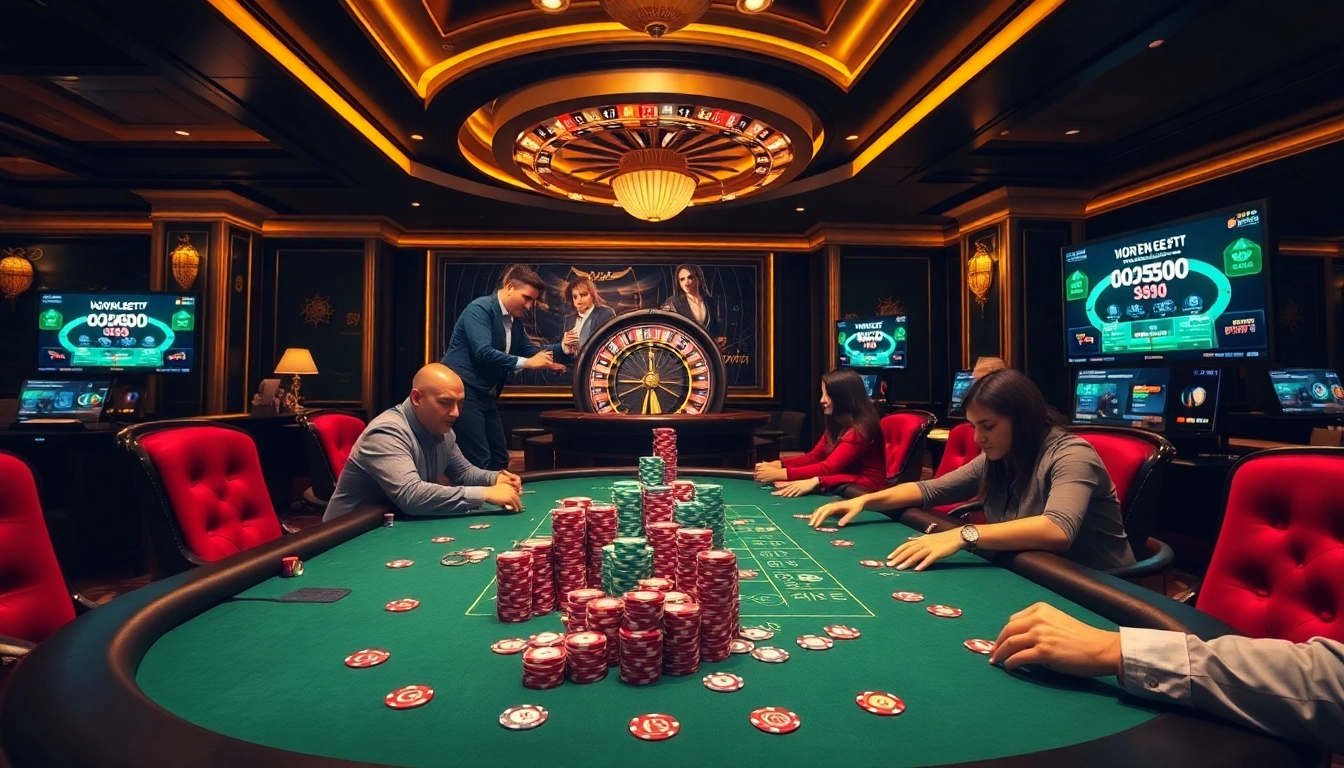 Super59 daftar action at a vibrant poker table, showcasing intense gambling excitement with colorful chips.