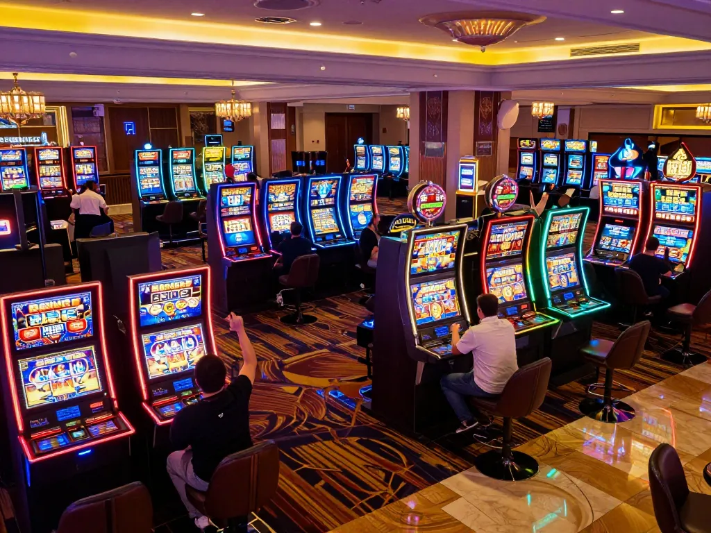 Players winning on colorful slot machines at RR88 casino, showcasing excitement and vibrant gaming atmosphere