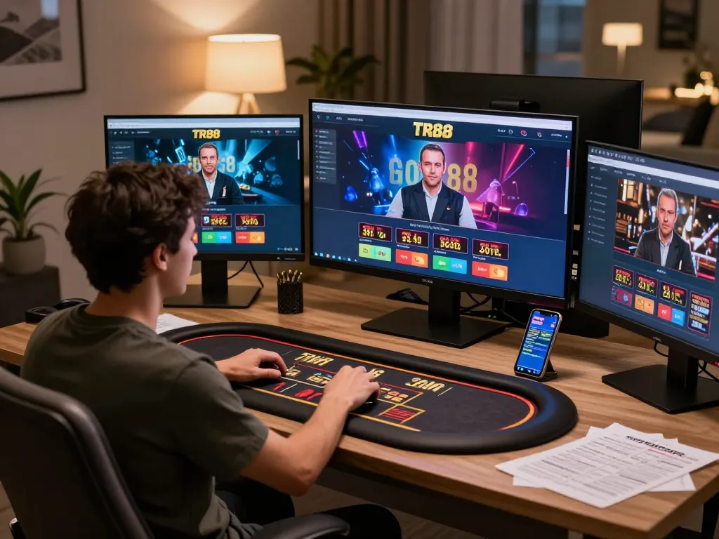 Player engaging with TR88's online casino interface in a modern home office setup.