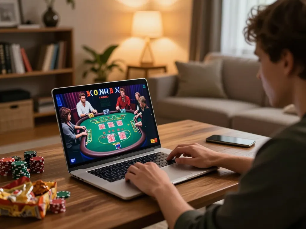 KDTOTO online gaming session featuring a player engaged at home with a live dealer, emphasizing the excitement of virtual betting.