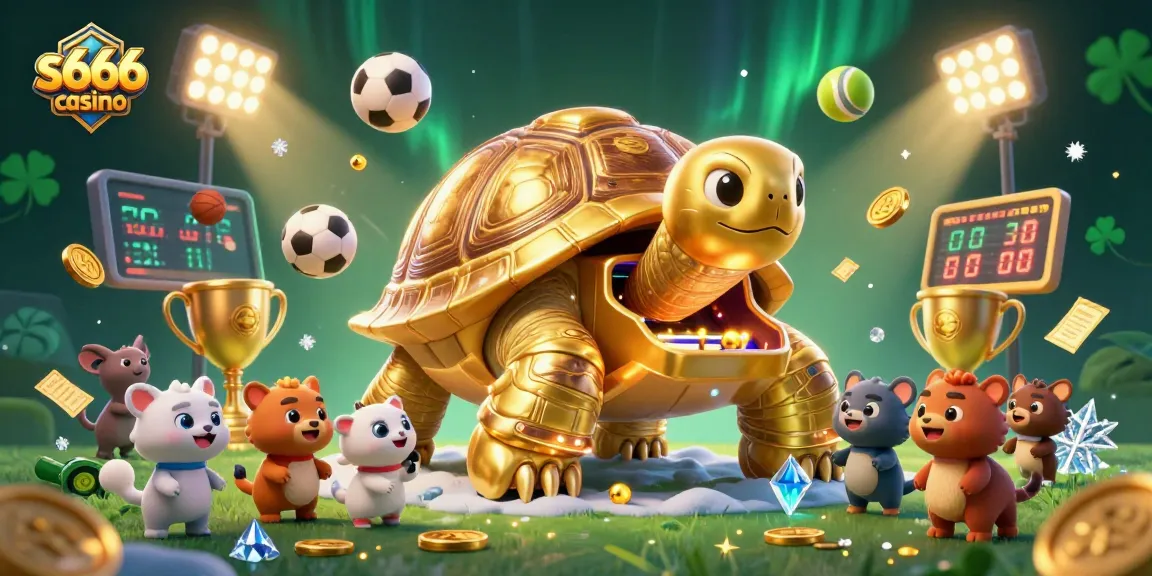 Experience thrilling gameplay at S666 casino with a vibrant scene featuring a colossal tortoise playing a pinball machine amidst flying sports elements.