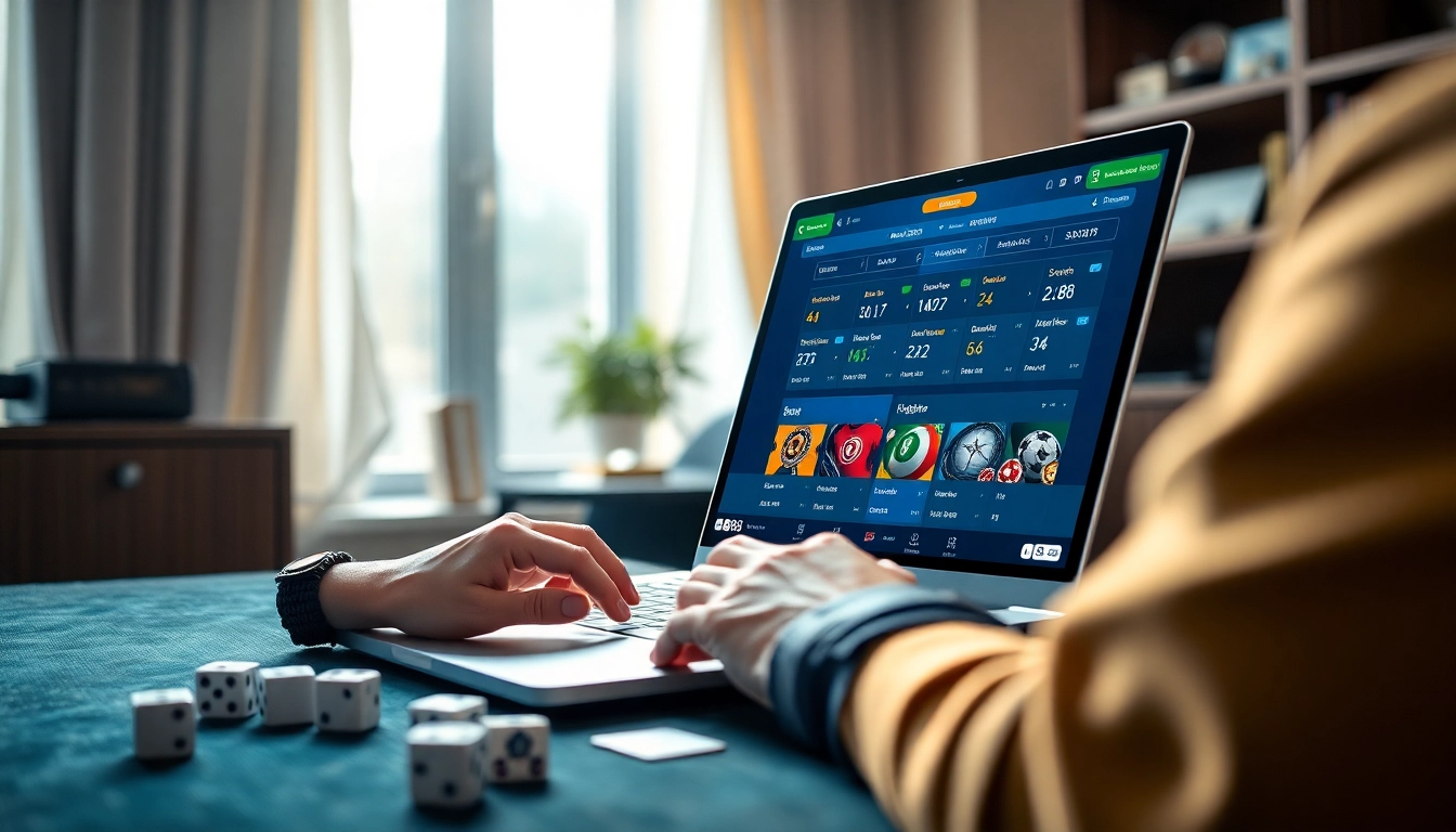 A user engaging with the mm88 online betting platform in a modern home office, showcasing a sophisticated interface and gaming accessories.