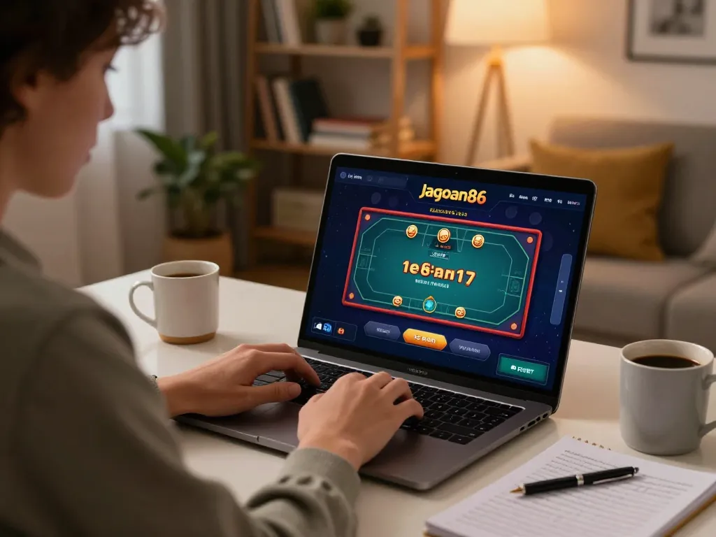 Person engaging in online gaming at jagoan86 platform, showcasing strategic poker gameplay.