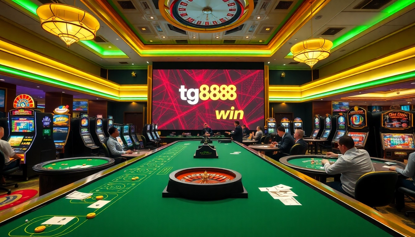 Engaging casino scene featuring players winning at tg88 win slot machines and tables.