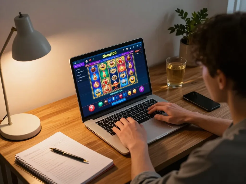 Rasakan permainan mendalam dengan dewi100 di laptop dalam pengaturan rumah yang nyaman