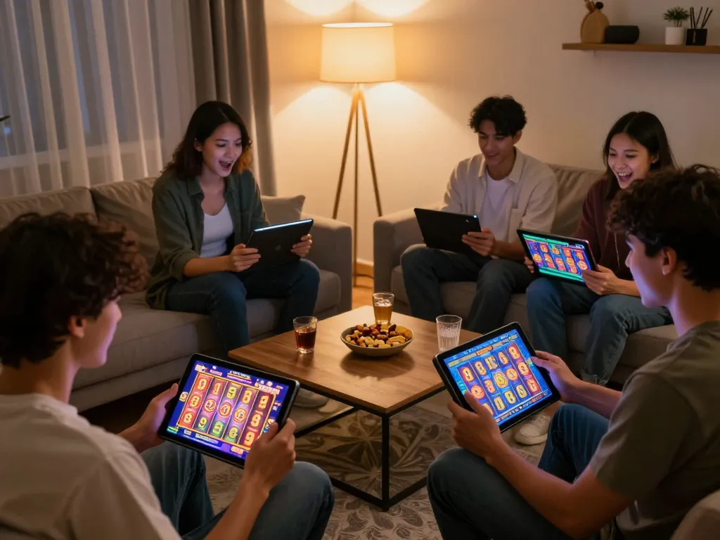 Players enjoying situs slot gameplay on tablets, celebrating wins in a cozy home setting.