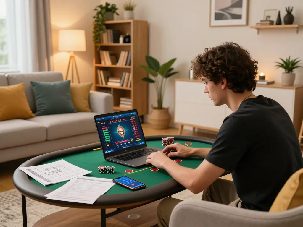 Engaging in megahoki88 online poker gameplay from a cozy home setup.
