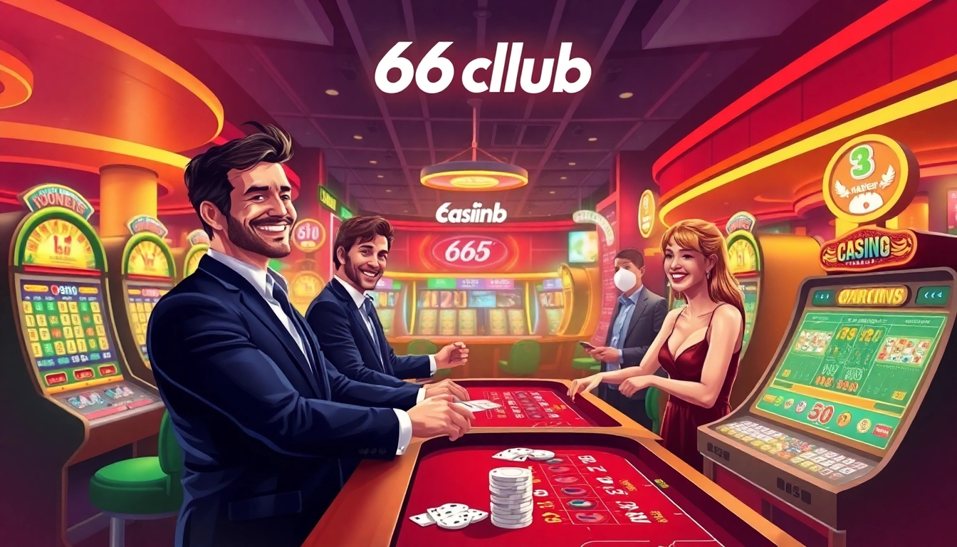 Dynamic casino scene showcasing thrilling gaming experiences at 66club with vibrant lighting and engaged players.