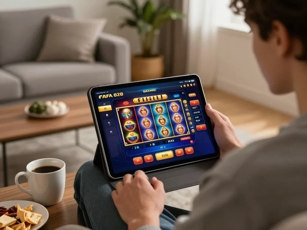 Engaged player exploring the FAFA 828 online casino app on a tablet, showcasing vibrant slot games and dynamic gameplay.