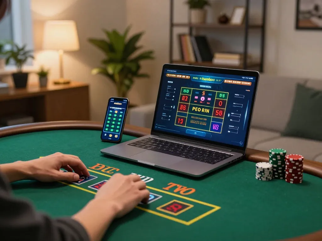 Player engaging with RR88 live dealer blackjack on laptop in a cozy gaming setup