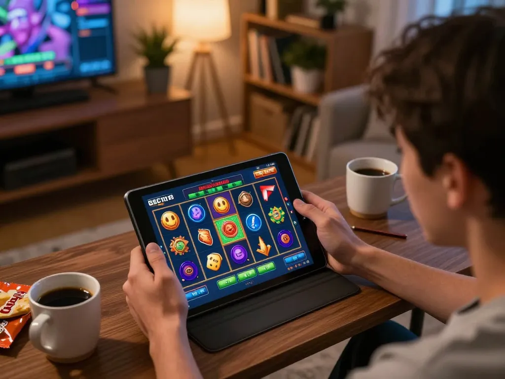 Suasana menarik Gsc108 Daftar dengan seorang pemain yang fokus pada permainan kasino online di rumah, menyoroti slot digital.