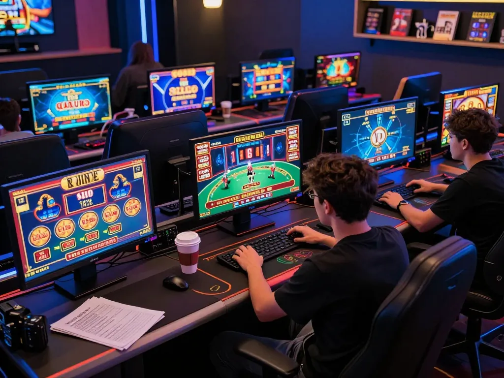 Engage in online usa casinos with multi-screen gaming setup showcasing exciting games and strategic planning.