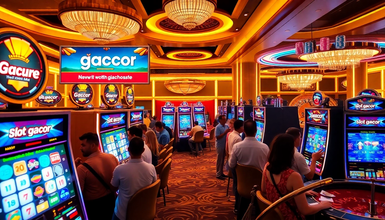Excited players engaging with slot gacor machines in a luxurious casino setting.