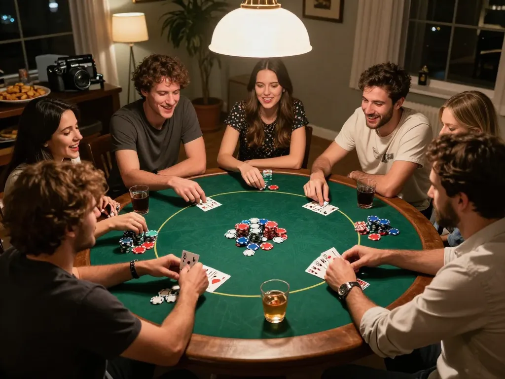Friends enjoy a lively poker night at home, embodying the spirit of xo88 gaming and social interaction.