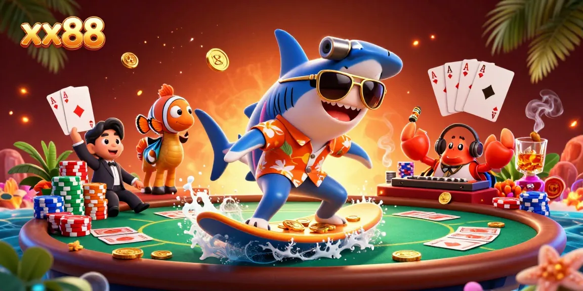 xx88 poker scene with a shark and colorful sea creatures enjoying casino games.
