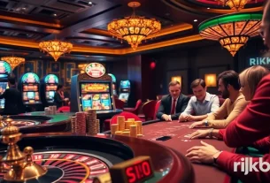 Experience thrilling gameplay at rikbet's luxurious casino filled with roulette tables and poker chips.