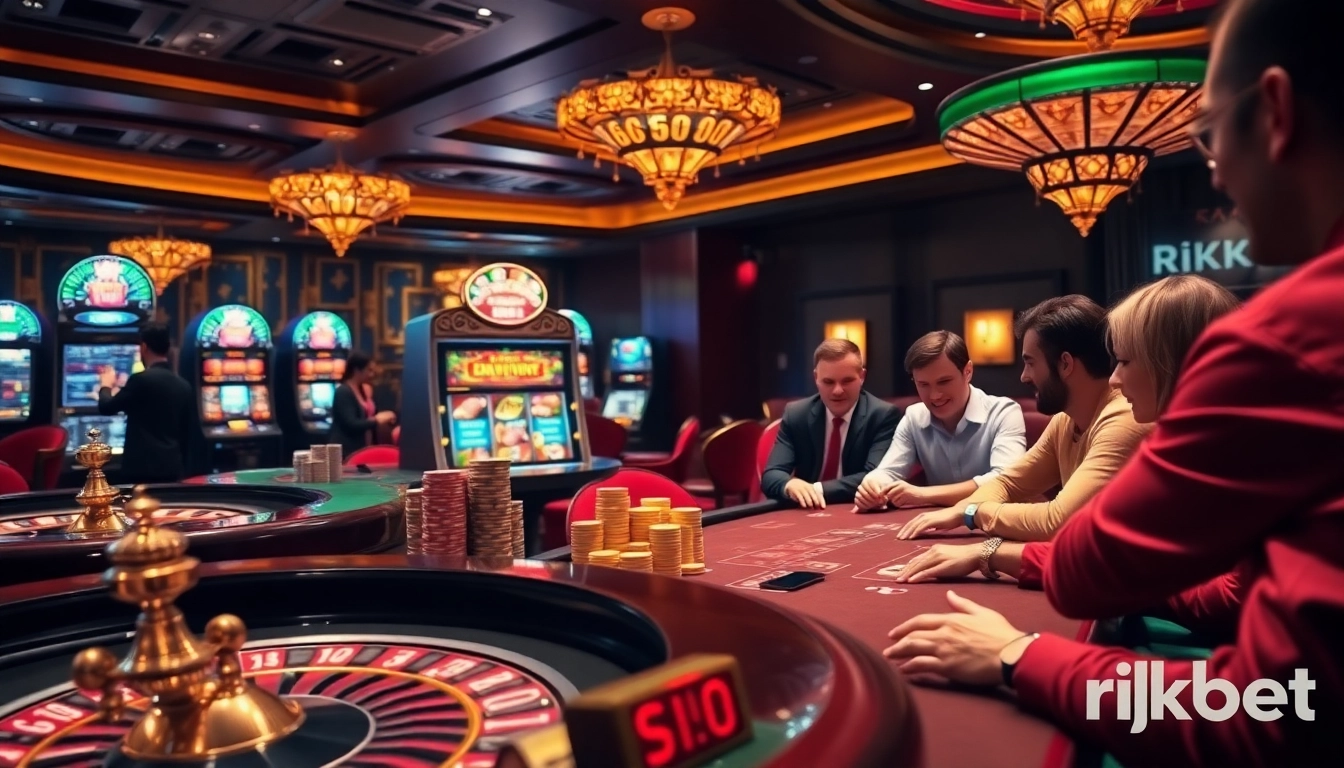 Experience thrilling gameplay at rikbet's luxurious casino filled with roulette tables and poker chips.