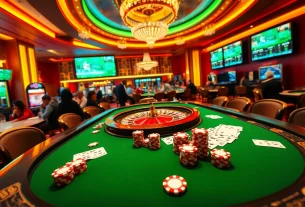 Bongdalu inspired poker scene showcasing high-stakes gameplay with chips and cards at a vibrant casino.