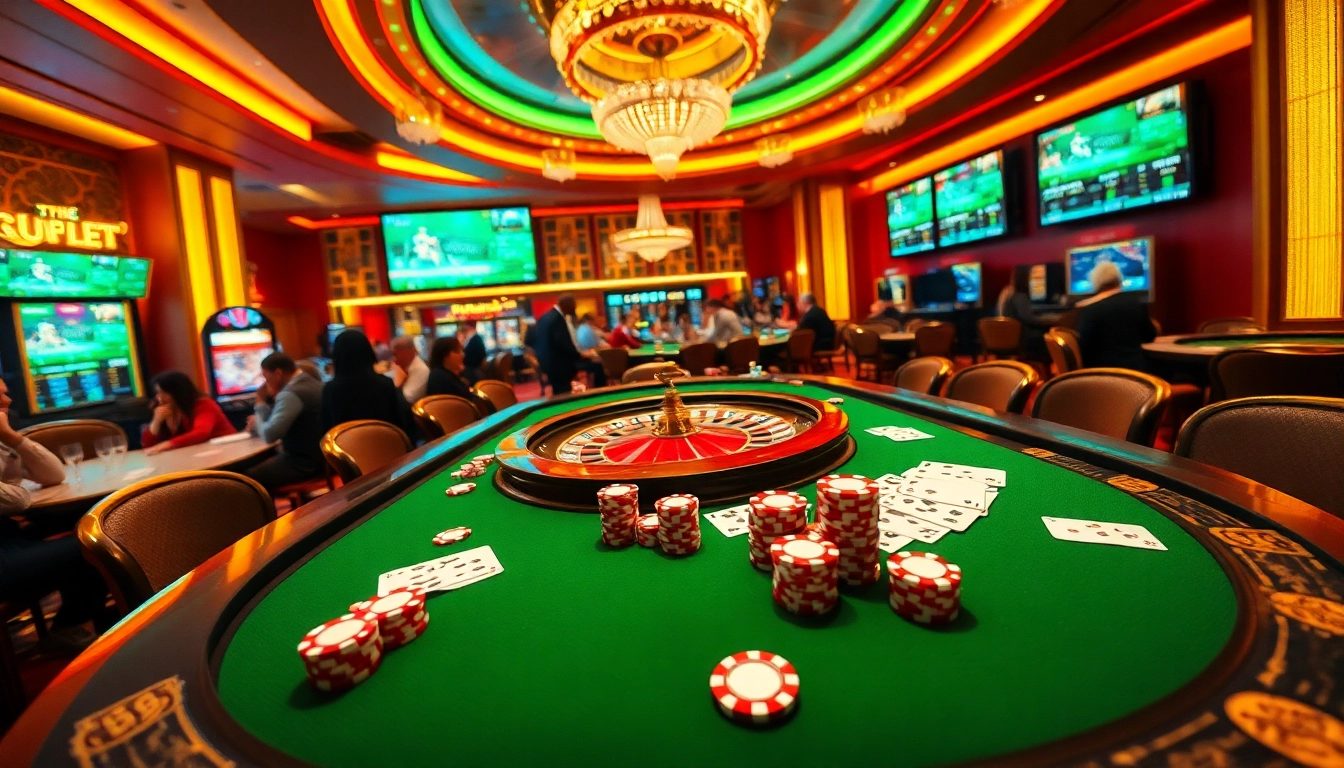 Bongdalu inspired poker scene showcasing high-stakes gameplay with chips and cards at a vibrant casino.