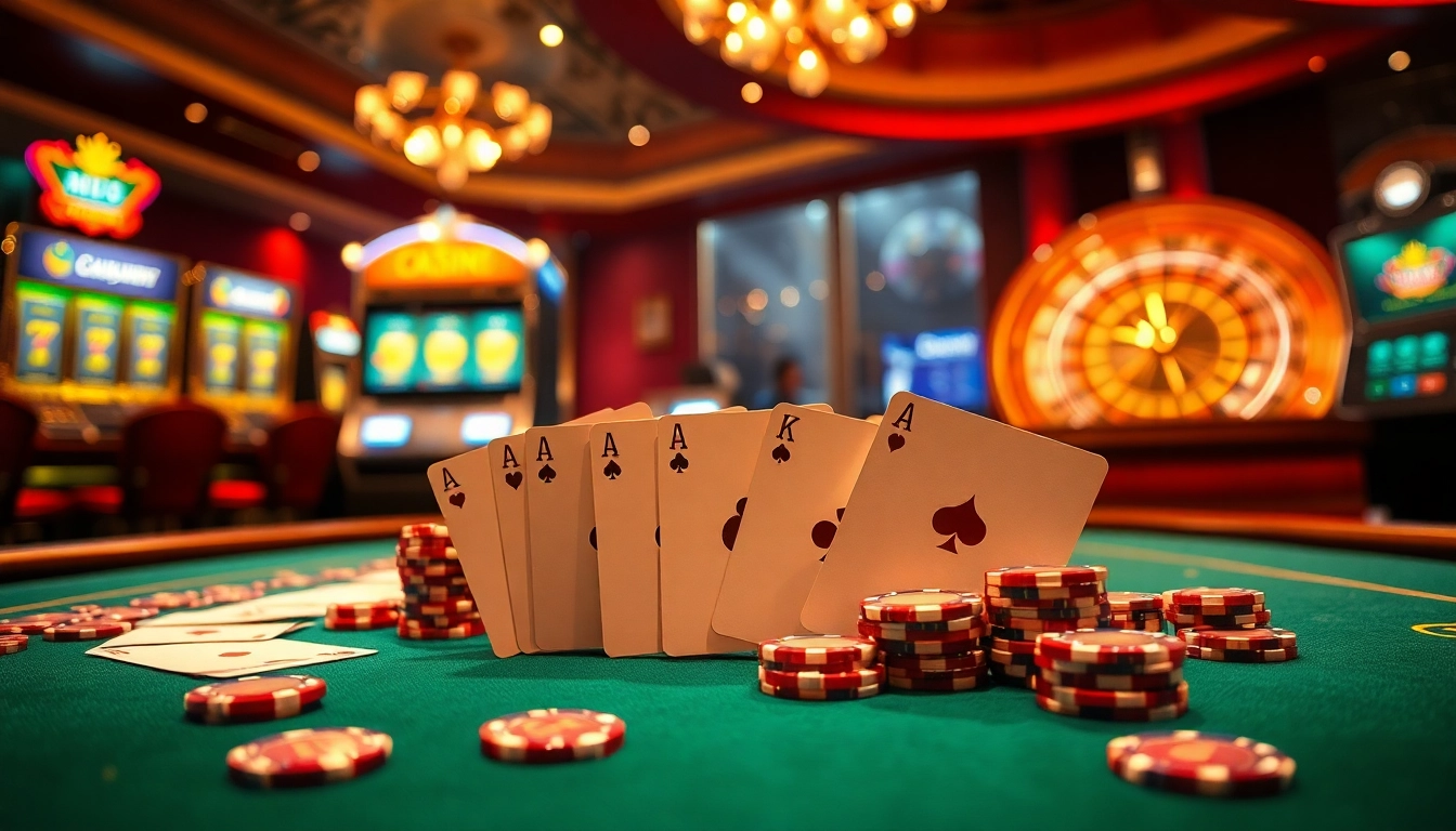 Gamble big with Bomwin at this elegant casino with poker chips and glimmering slot machines.