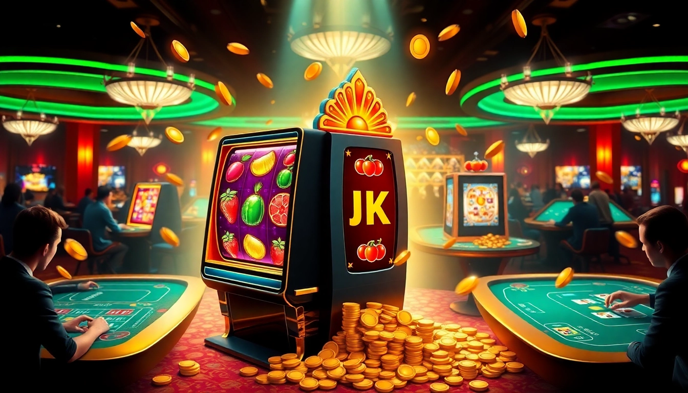 Exciting players engaging with the BK8 slot machine in a vibrant online casino environment.