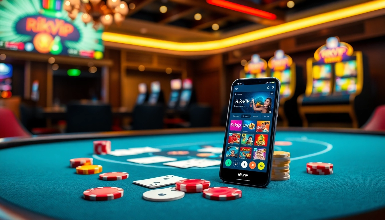 Rikvip players engaging in an exciting poker game with vibrant chips and cards.