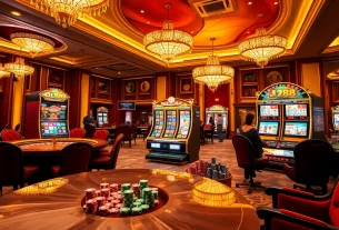 Players having fun at the j88 slot machine in a luxurious casino setting with vibrant colors.