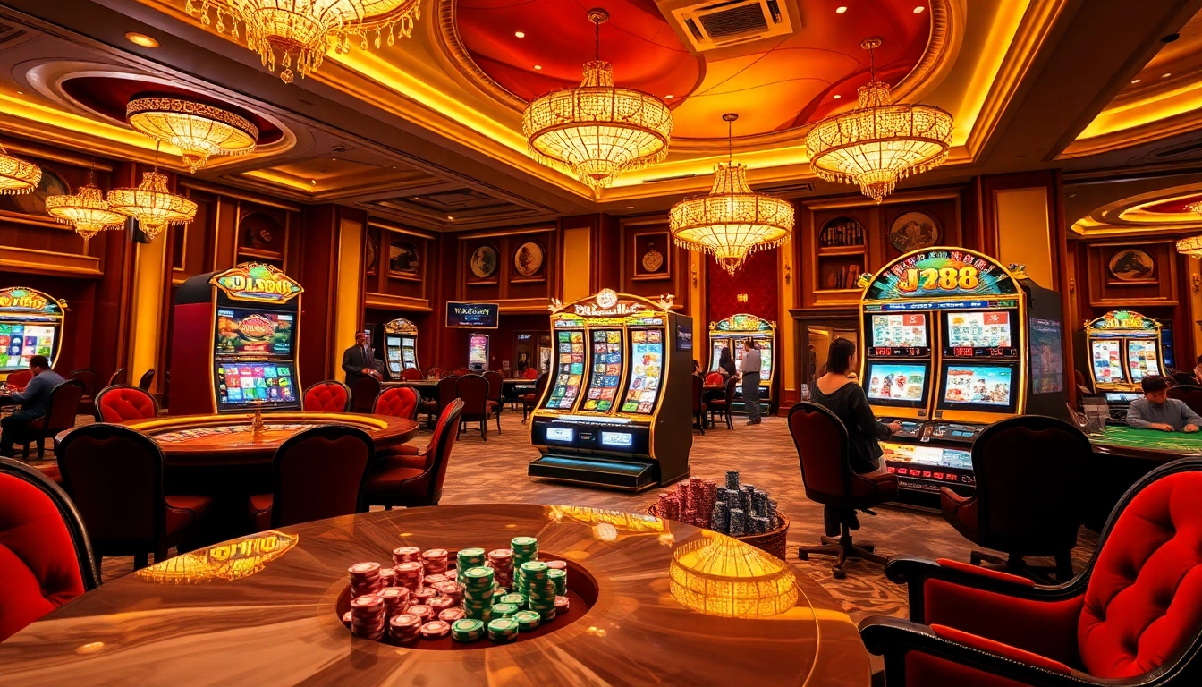 Players having fun at the j88 slot machine in a luxurious casino setting with vibrant colors.