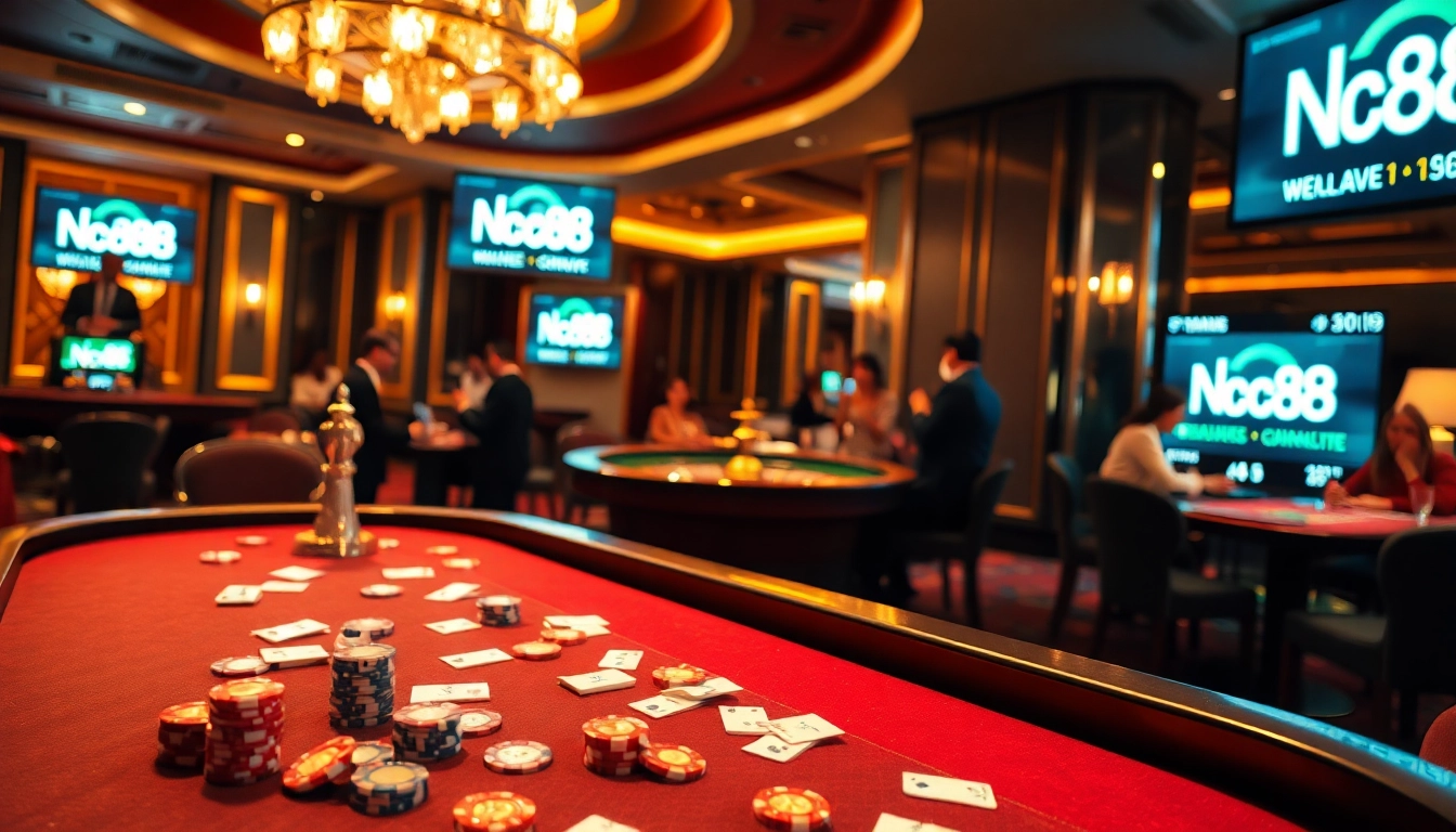 Players engaging in thrilling gambling action at Nc88 casino tables, highlighting excitement and strategy.