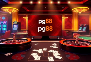 Engaging online casino scene showcasing pg88, featuring vibrant roulette wheels and stylish poker cards.