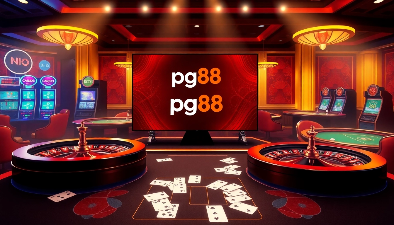Engaging online casino scene showcasing pg88, featuring vibrant roulette wheels and stylish poker cards.