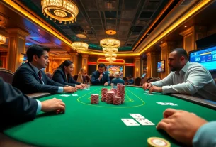 Intense poker action at a luxurious casino table showcasing MB66 gaming strategies and stakes.