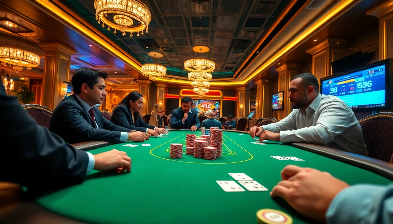 Intense poker action at a luxurious casino table showcasing MB66 gaming strategies and stakes.