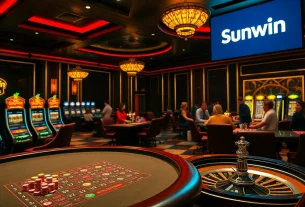Sunwin casino scene with vibrant gambling tables and engaged players enjoying card games.