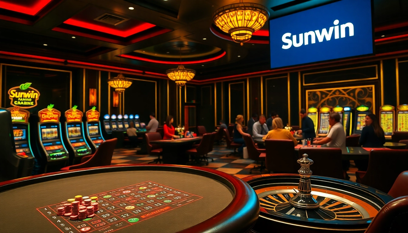 Sunwin casino scene with vibrant gambling tables and engaged players enjoying card games.